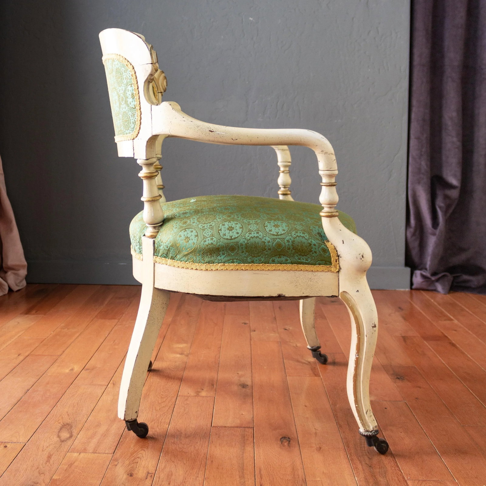 19th Century Napoleon III Olive and Turquoise Fauteuil Arm Chair - 5