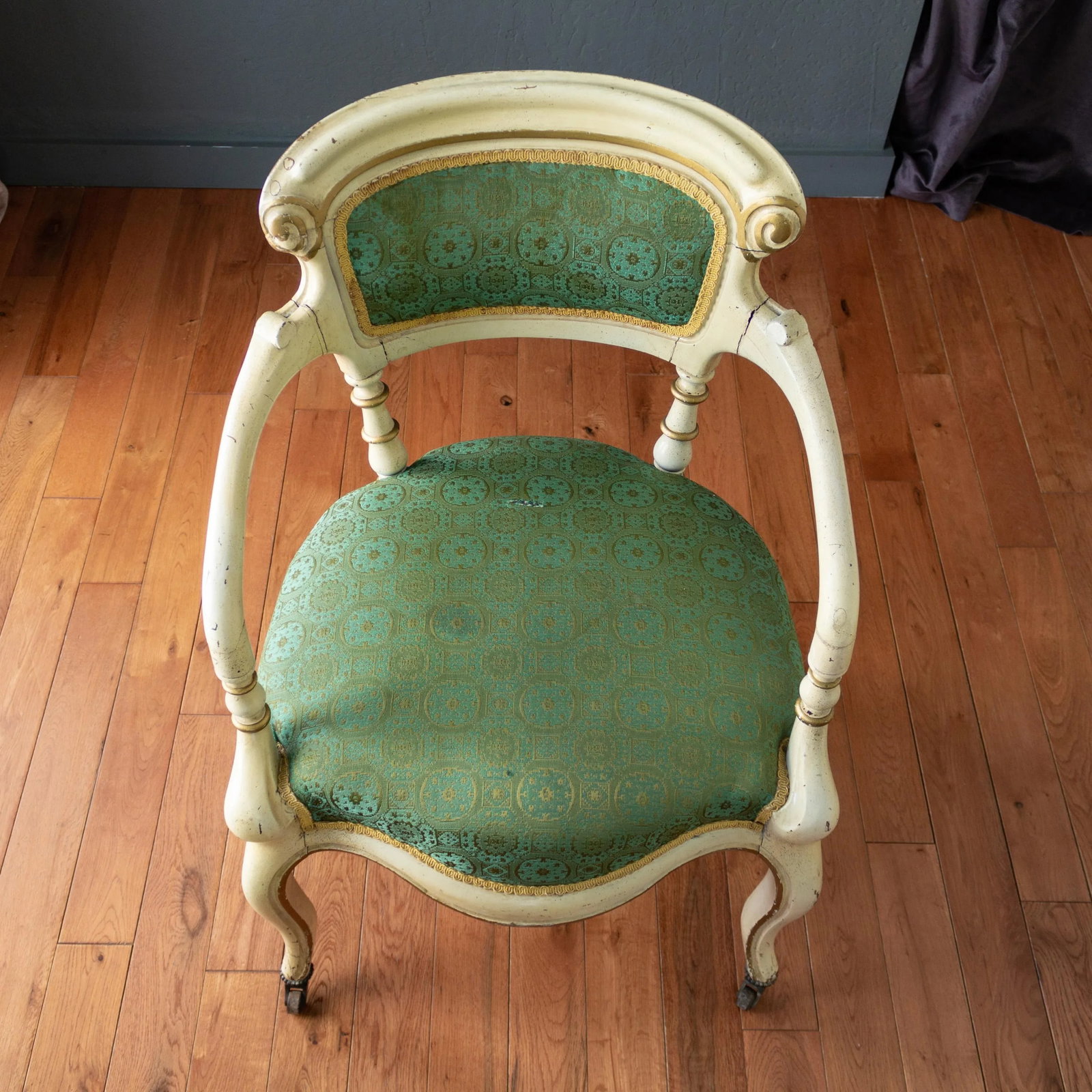 19th Century Napoleon III Olive and Turquoise Fauteuil Arm Chair - 7