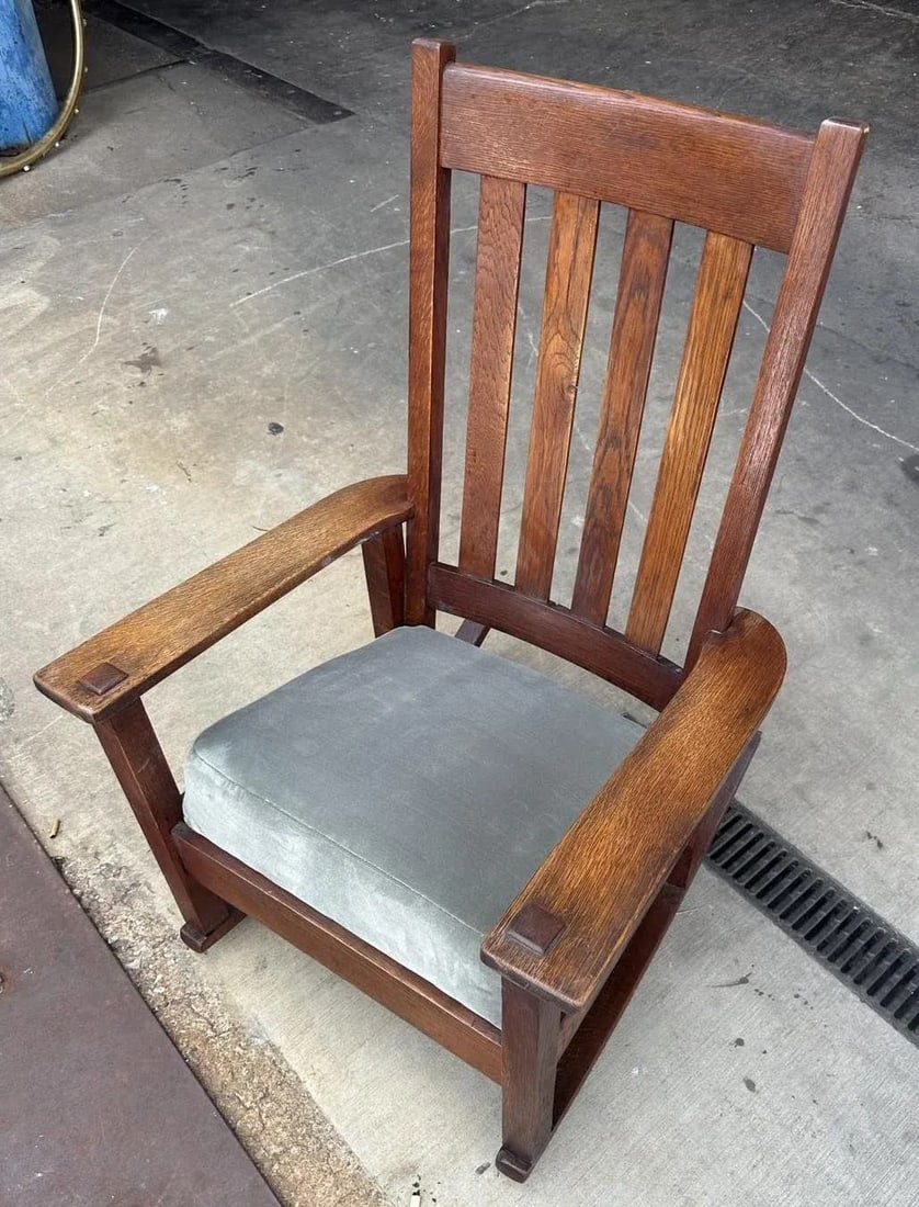 Antique Stickley Brothers Grand Rapids Mission Oak Rocking Chair With New Mohair Upholstery - Circa - 2
