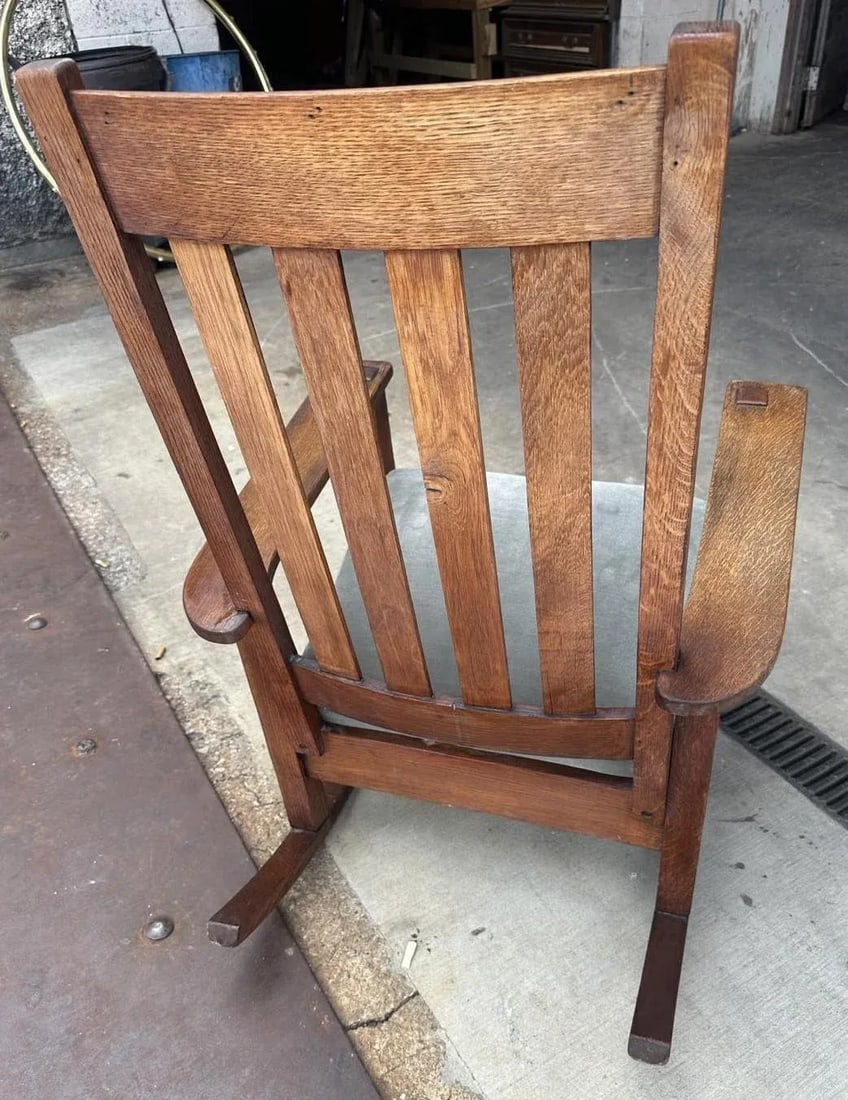 Antique Stickley Brothers Grand Rapids Mission Oak Rocking Chair With New Mohair Upholstery - Circa - 3