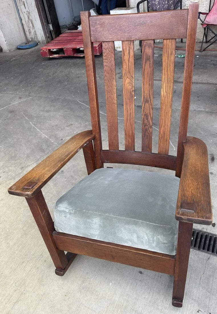 Antique Stickley Brothers Grand Rapids Mission Oak Rocking Chair With New Mohair Upholstery - Circa - 4