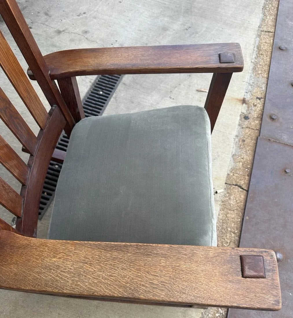 Antique Stickley Brothers Grand Rapids Mission Oak Rocking Chair With New Mohair Upholstery - Circa - 5