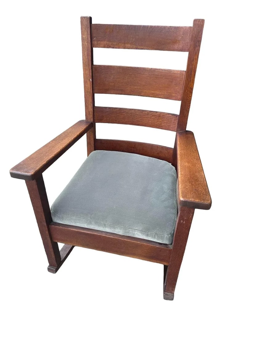 Antique Stickley Grand Rapids Quaint Furniture Mission Oak Rocking Chair With New Mohair Seat Uphols - 2