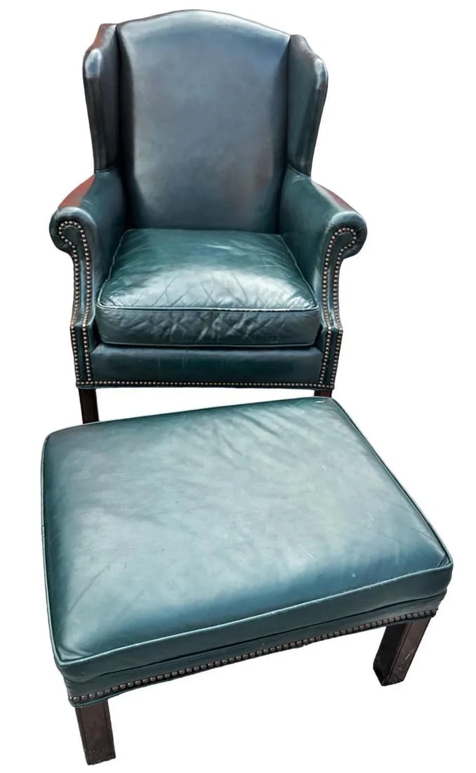 Leather Chair and Ottoman Set in Dark Green - Vintage Late 20th Century - 2