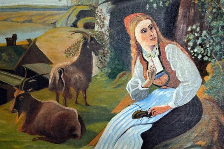 Antique Swedish Pastoral Oil Painting With Sheperdess by C. Eriksson C. 1916 - 4