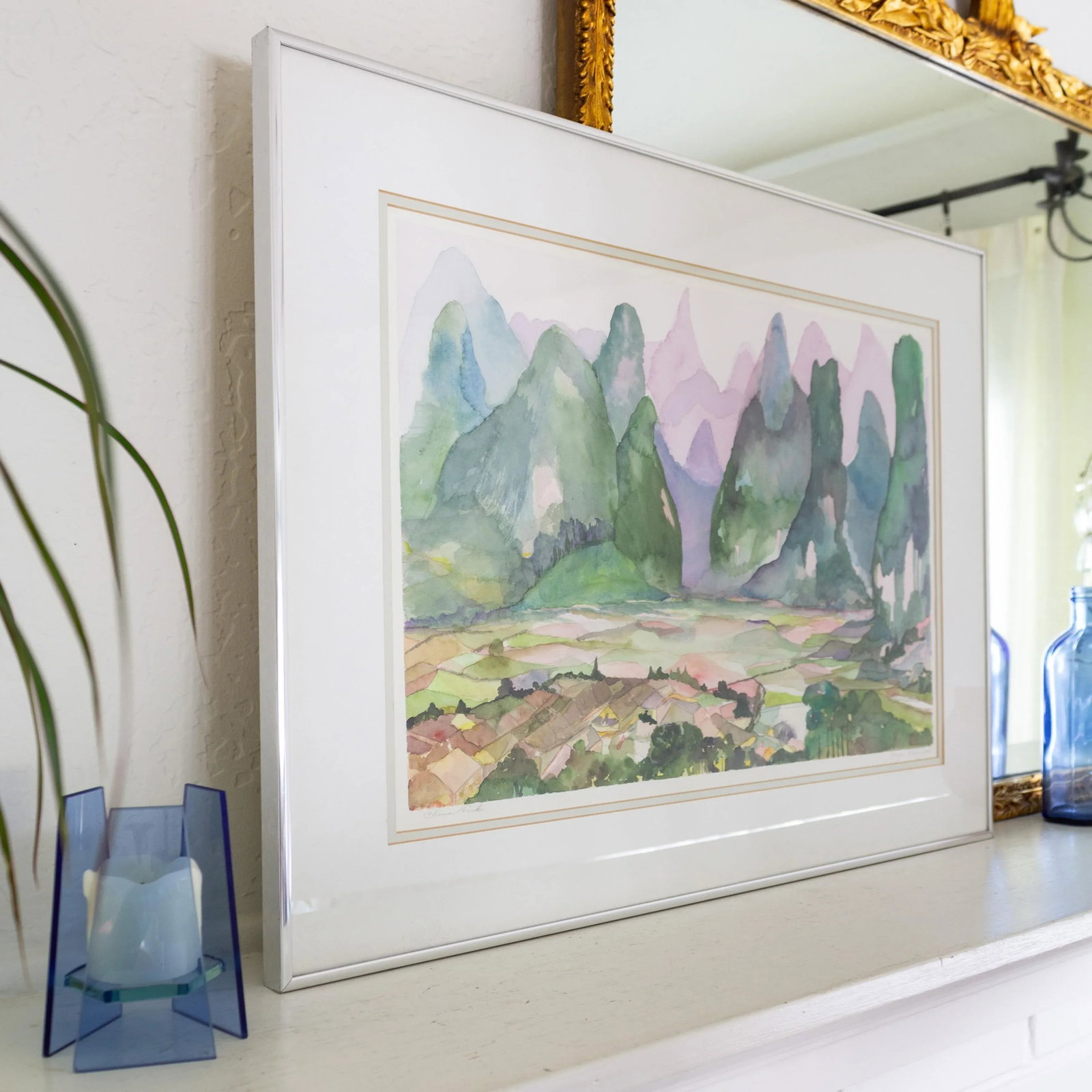 Abstract Fauvist Watercolor Landscape Painting Titled China Pink - 3