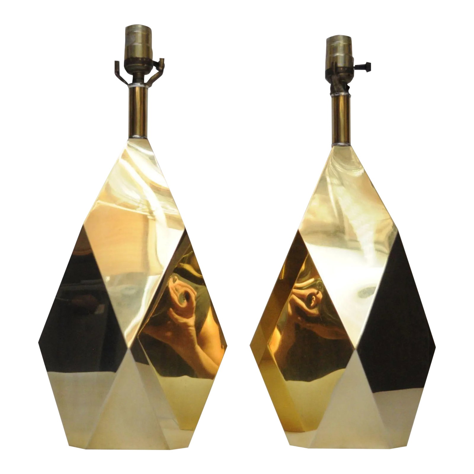 Pair of Vintage Faceted Geometric Solid Brass Table Lamps: Pair of faceted, polygonal/geometric solid brass lamps (ca. 1960s, USA). Unique, luxurious set in newly polished condition. Wear remains (two small dents along with small tarnish spots to two sides