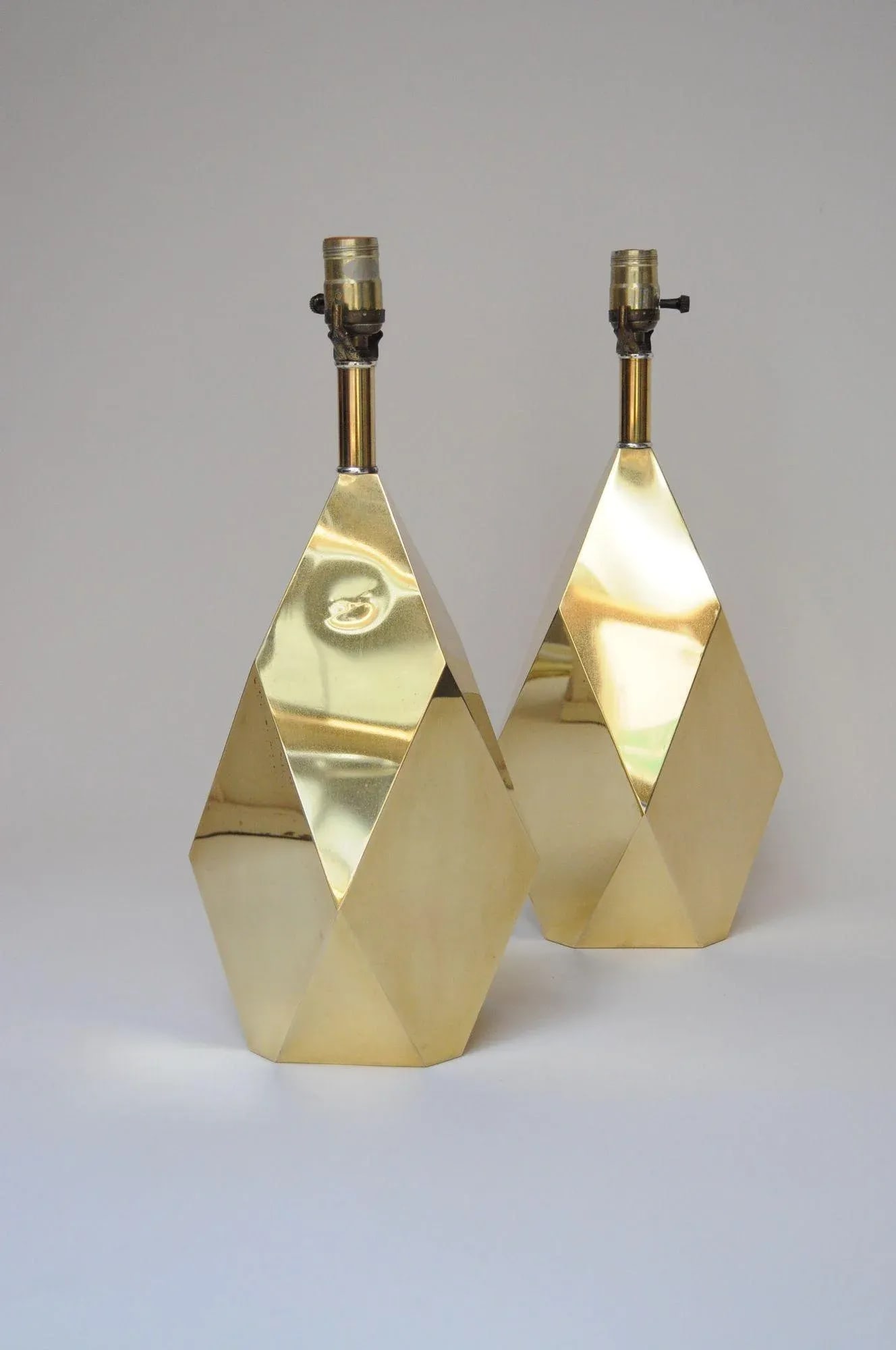 Pair of Vintage Faceted Geometric Solid Brass Table Lamps - 2