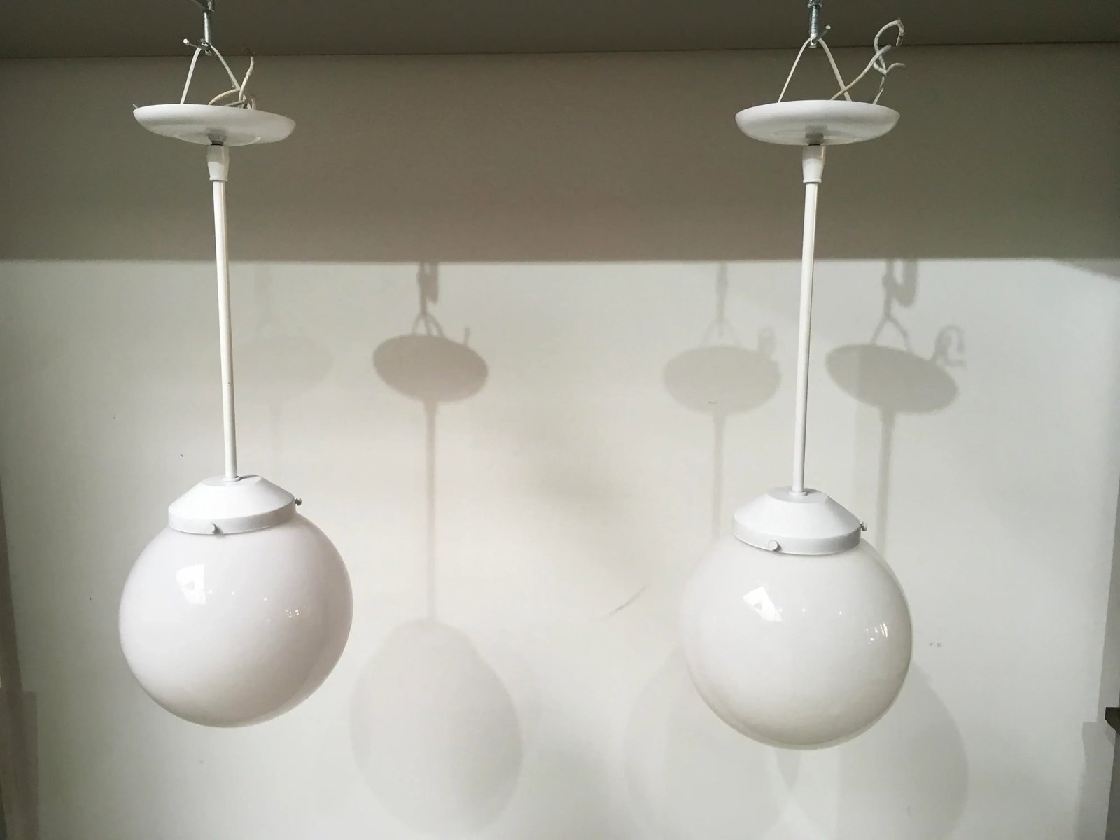 Pair of Mid-Century Modern Feldman Globe Pendant Lights, Los Angeles, Refinished White & Milk Glass - 2