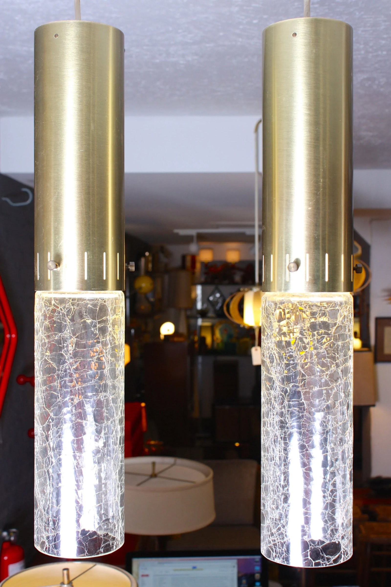 1960s Crackle Glass and Brass Pendants - A Pair - 2