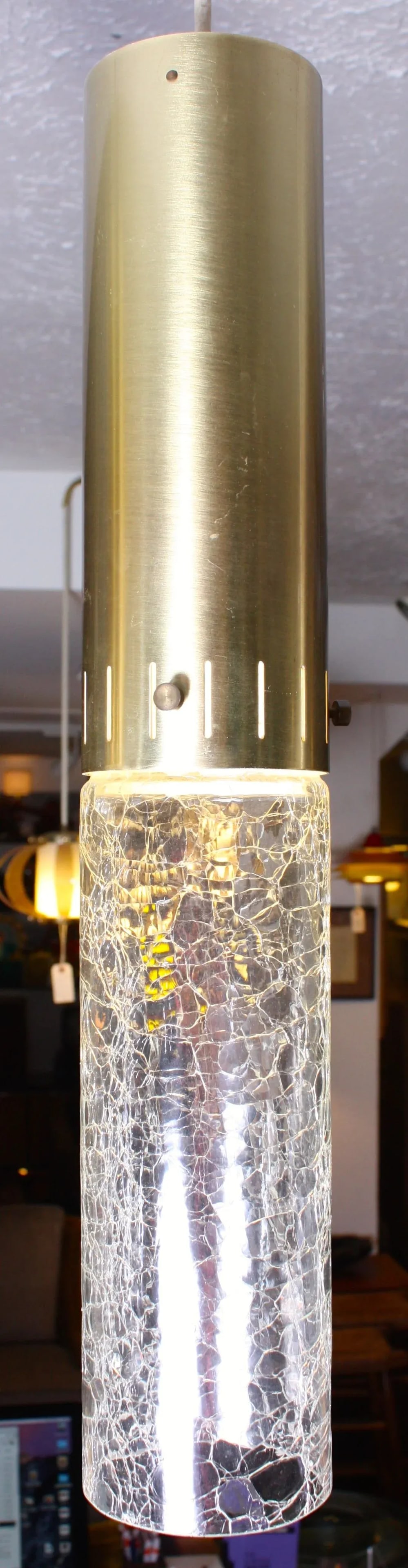 1960s Crackle Glass and Brass Pendants - A Pair - 6