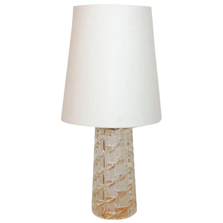 Vintage Swedish Cut Clear and Frosted Glass Table Lamp: Clear and frosted cut glass table lamp with new natural fabric shade from Sweden. Lamp has been recently rewired to US and UL standards. New socket is almost identical to original Swedish socket. New