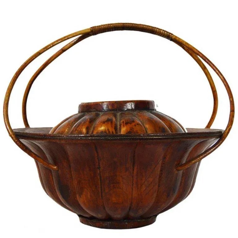 Antique Varnished Bamboo Hat Basket Painted With Flowers From 19th Century - 7
