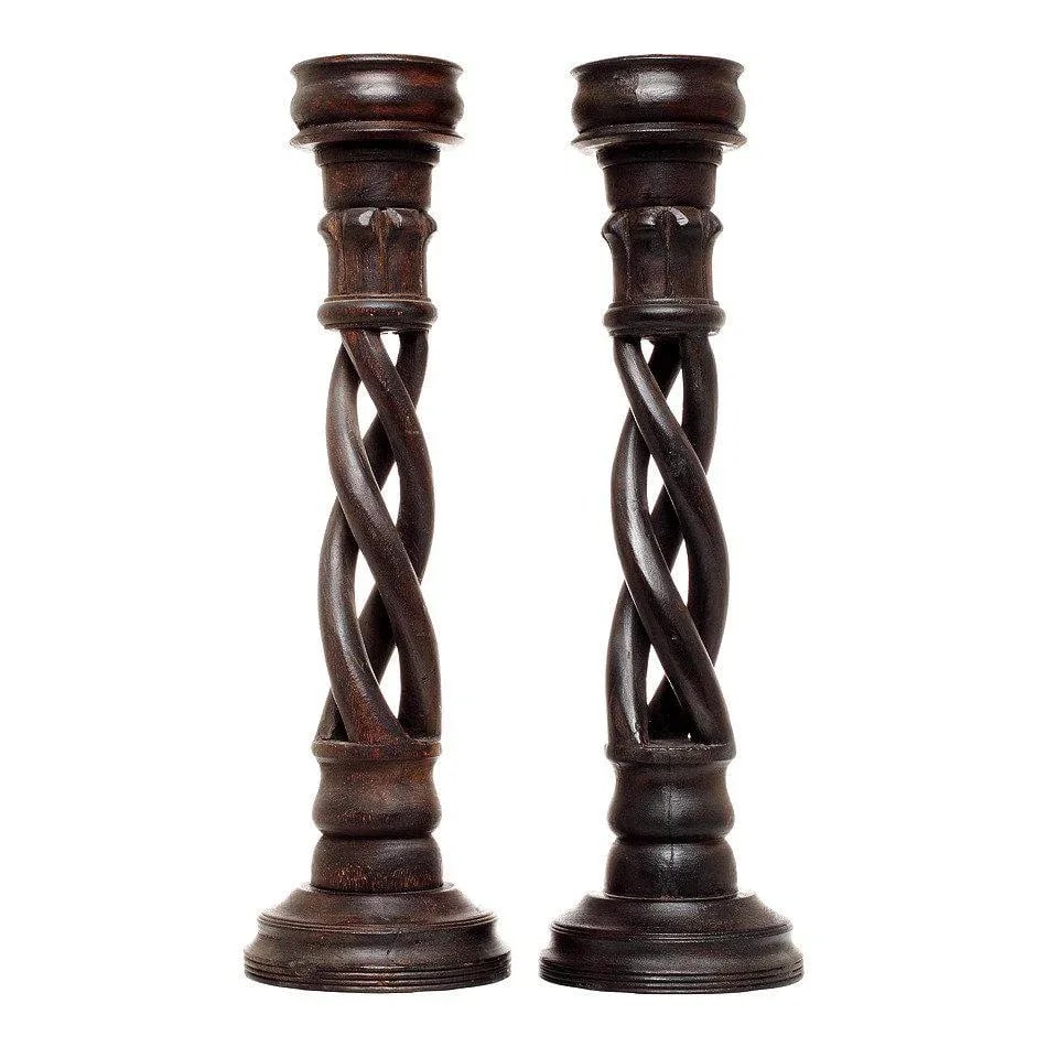 Vintage Indian Wooden Candlesticks With Spiral Design, 20th Century - a Pair - 5