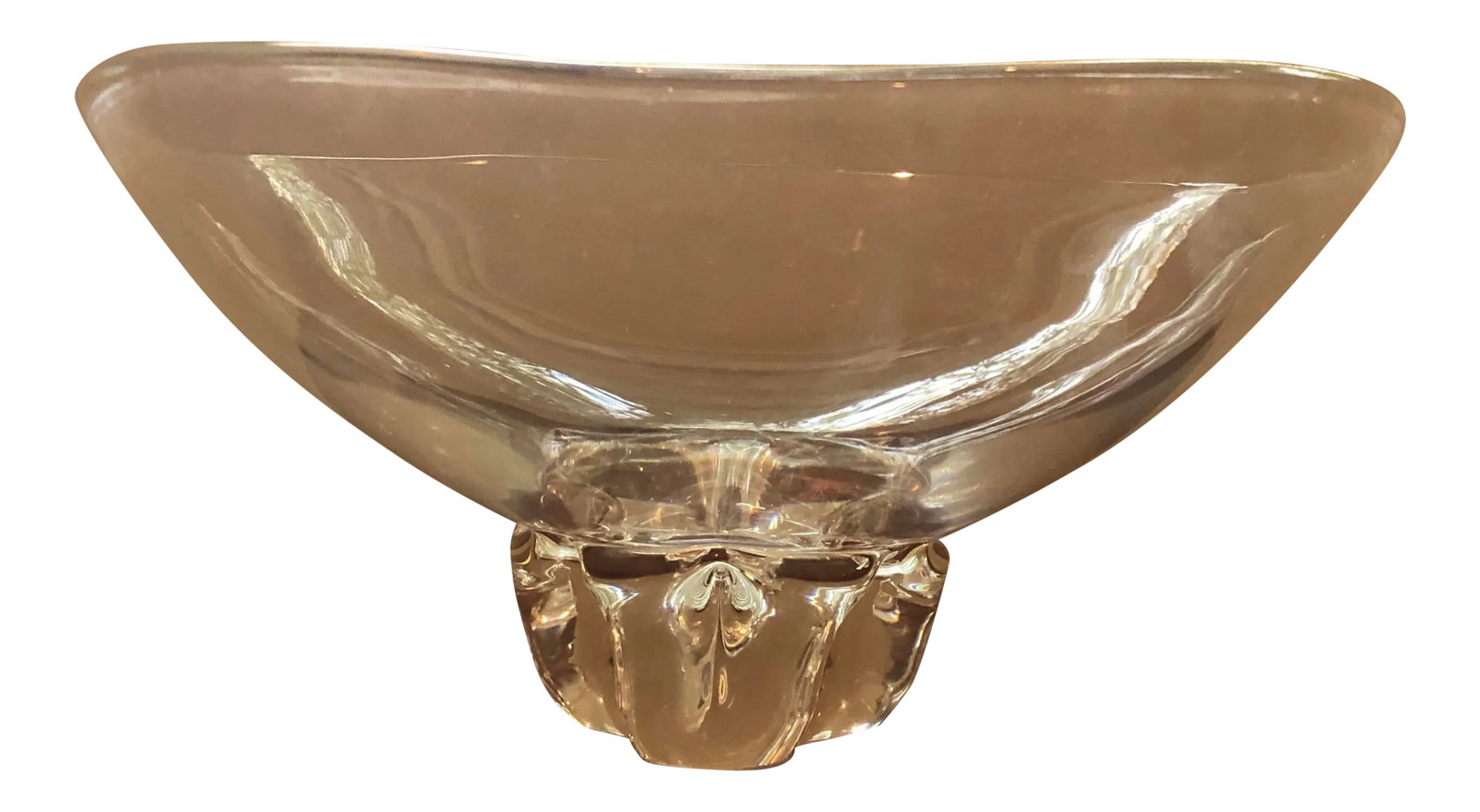 Steuben Glass Pedestal Bowl: Very Beautiful uniquely shaped clear art glass bowl with solid base signed by Steuben. Bowl Measures 4.75" height x 10" diameter. 1/8" thick Condition: Alterations: Original Condition Unaltered