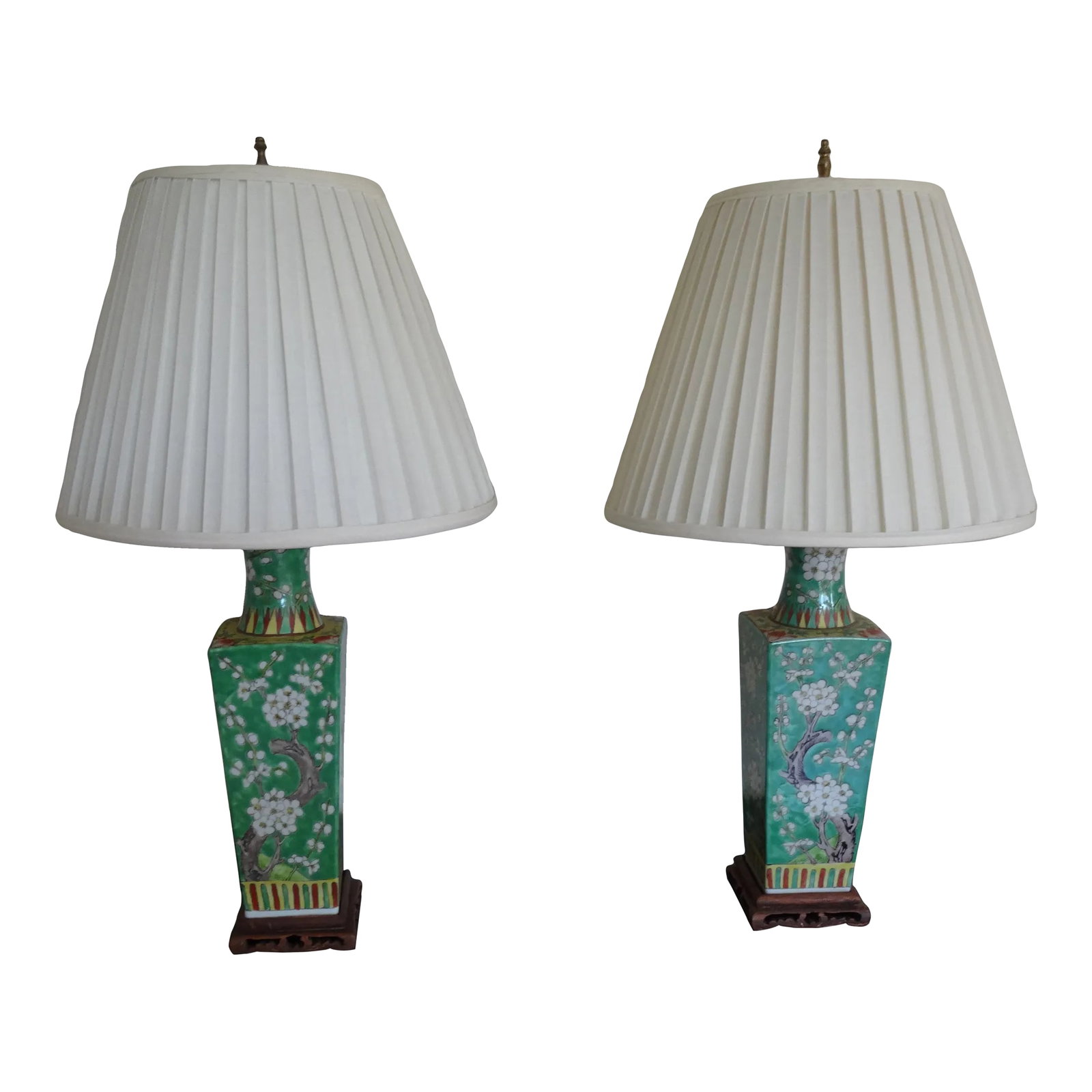 Vintage Famille Verte Chinese Lamps - a Pair: A stunning pair of Antique Famille Verte Vases now mounted as lamps. Vases circa 1900 with antique carved wood bases. Height of Vases 15" Height to top of Finial 26" Condition: Alterations: Original