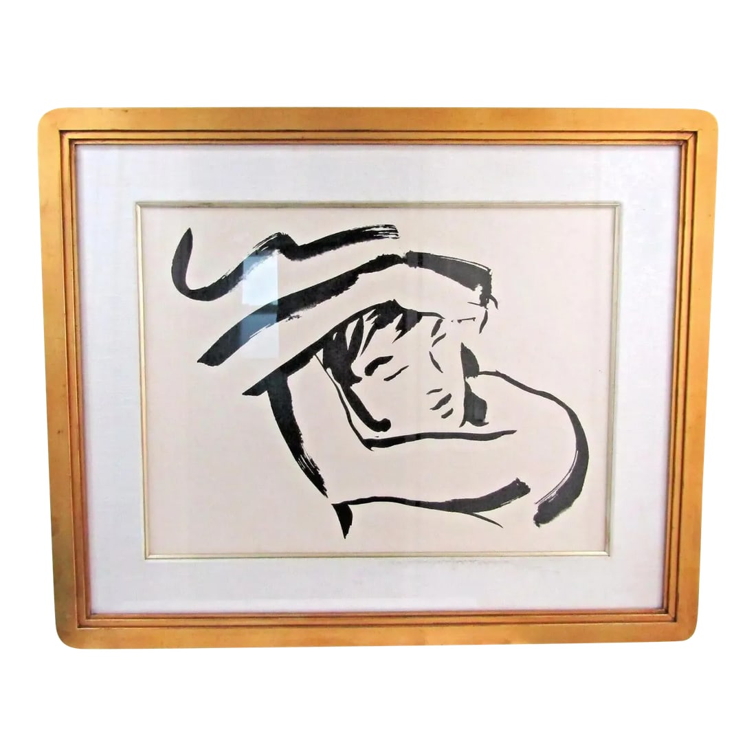Vintage Jay Spectre Framed and Signed Abstract Brushstroke Ink Drawing of Woman: Vintage Jay Spectre Framed and Signed Abstract Brushstroke Ink Drawing of Woman Gold framed and double matted behind glass. Embossed signature. Labeled on reverse. Spectre was a great interior, furnit