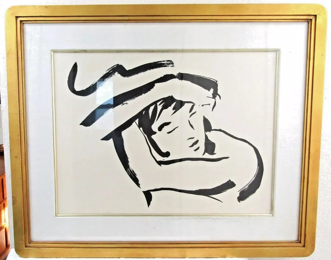 Vintage Jay Spectre Framed and Signed Abstract Brushstroke Ink Drawing of Woman - 2