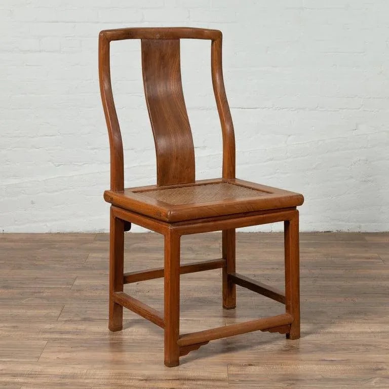 Chinese Vintage Natural Wood Wedding Side Chair with Rattan Seat - 11
