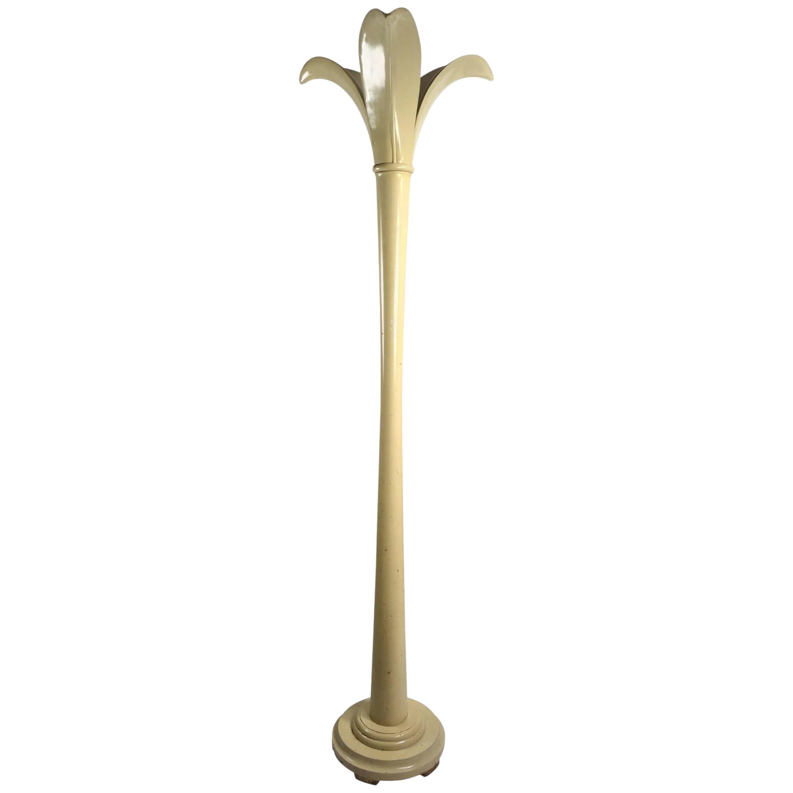 Decorative Torchiere Floor Lamp After Springer: Off-white lacquer uplight torchiere with foliate form top. The paint finish shows cosmetic wear, as shown. Measures: Top 23" diameter, base 18" diameter. Condition: Alterations: Unknown