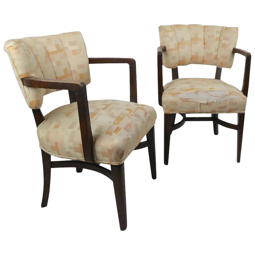 Art Deco Chairs After Rohde - a Pair: Pair of stylish Art Deco armchairs, in the style of Rohde. Solid wood frames with upholstered tied spring upholstered seats, and upholstered backs, fabric worn and will need to be replaced, wood frame