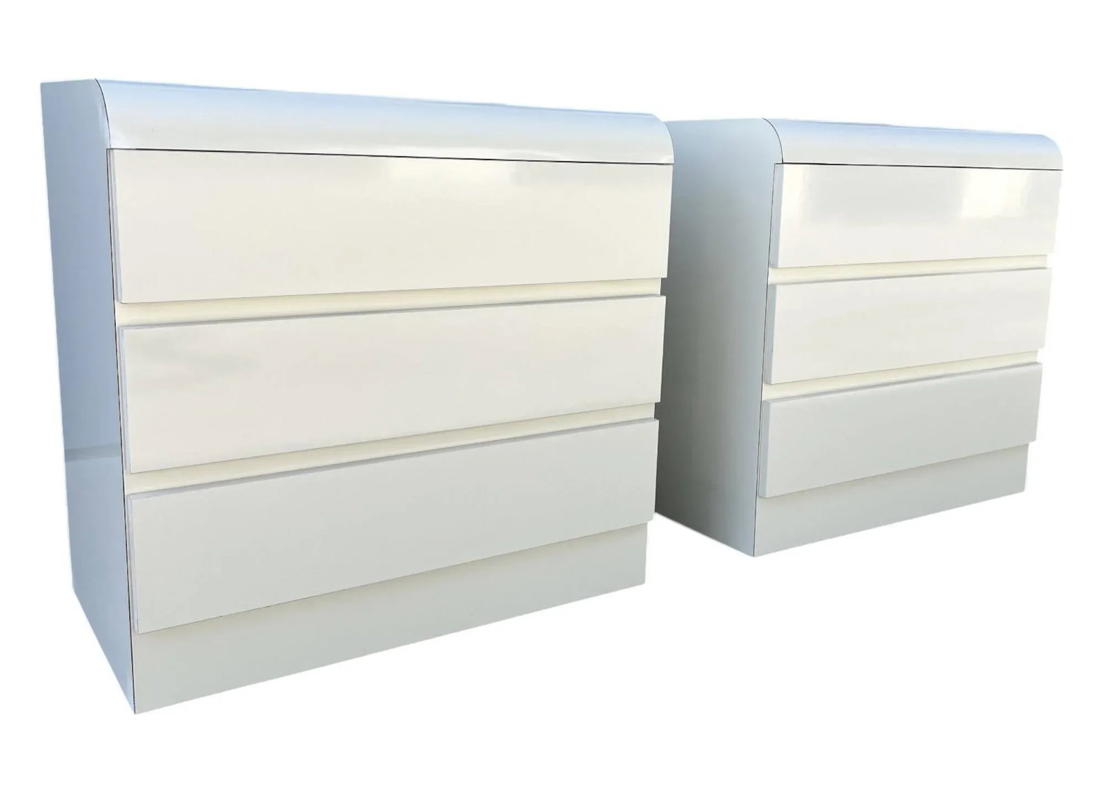Pair of Vintage 1980s Postmodern Waterfall Dressers in Ivory Laminate - Restored 3-Drawer Cabinets - 10