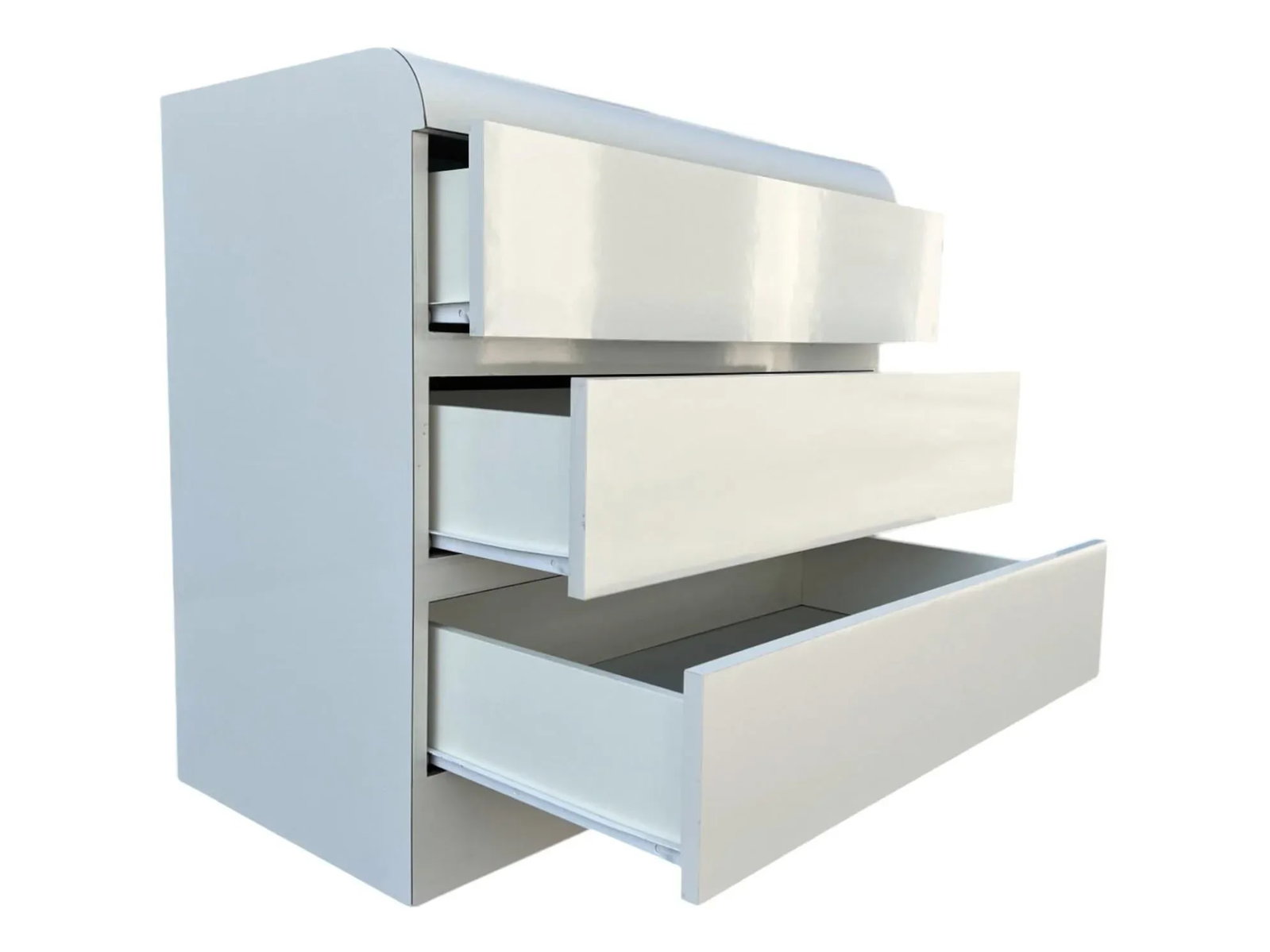 Pair of Vintage 1980s Postmodern Waterfall Dressers in Ivory Laminate - Restored 3-Drawer Cabinets - 8