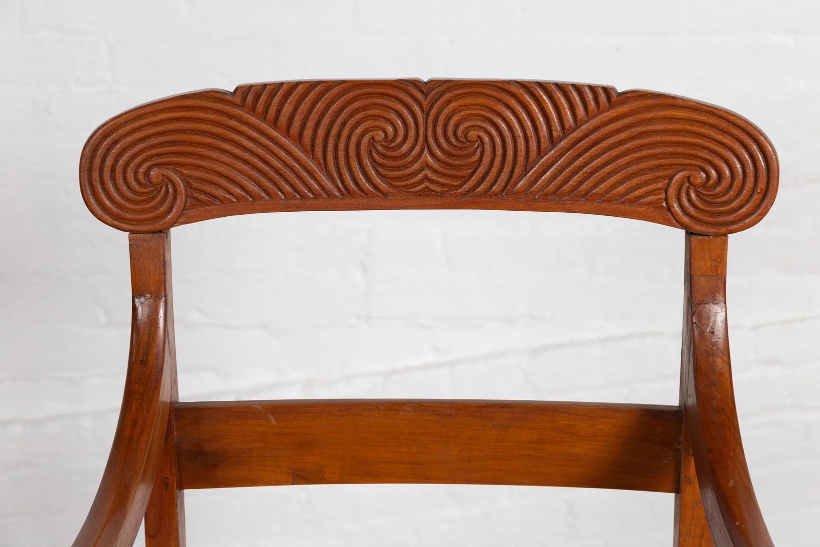 Antique Javanese Wooden Armchair with Carved Back, Curving Arms and Rattan Seat - 10