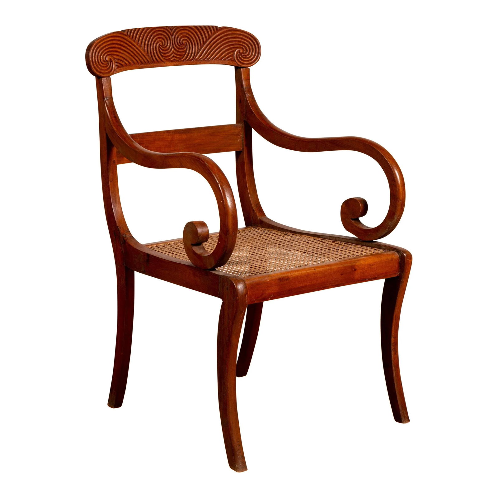Antique Javanese Wooden Armchair with Carved Back, Curving Arms and Rattan Seat - 13