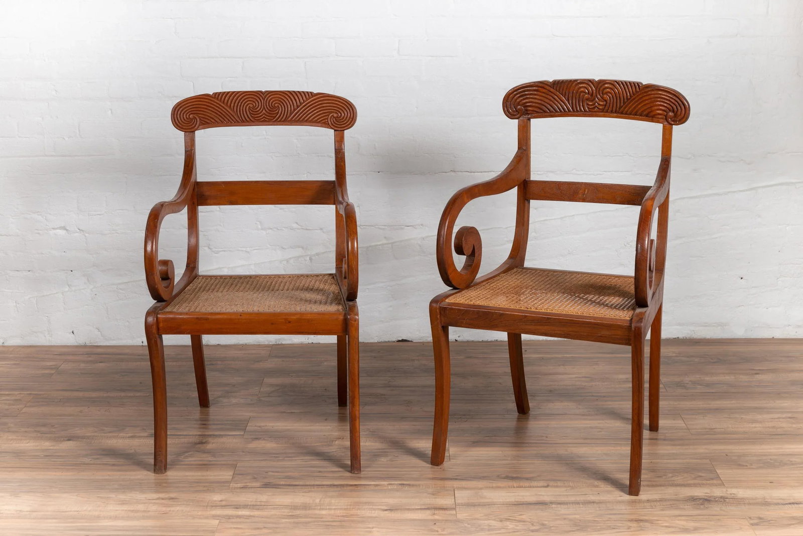 Antique Javanese Wooden Armchair with Carved Back, Curving Arms and Rattan Seat - 7