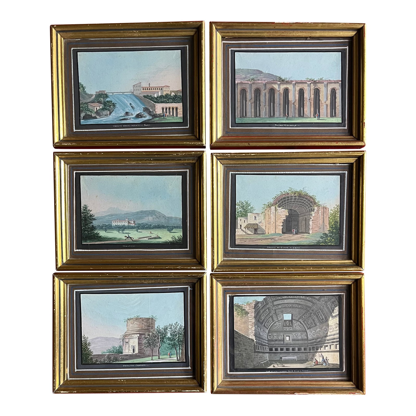 Antique 19th Century Italian Grand Tour Gouache Watercolor Paintings of Classical Architecture & Rui: Set 6 small antique 19th century Italian Grand Tour gouache watercolor paintings of classical locations. Scenes include: 1. Piscina Mirabilis 2. Sepolcro Campano 3. Tempio di Giove a Cuma, Sicily 4. V