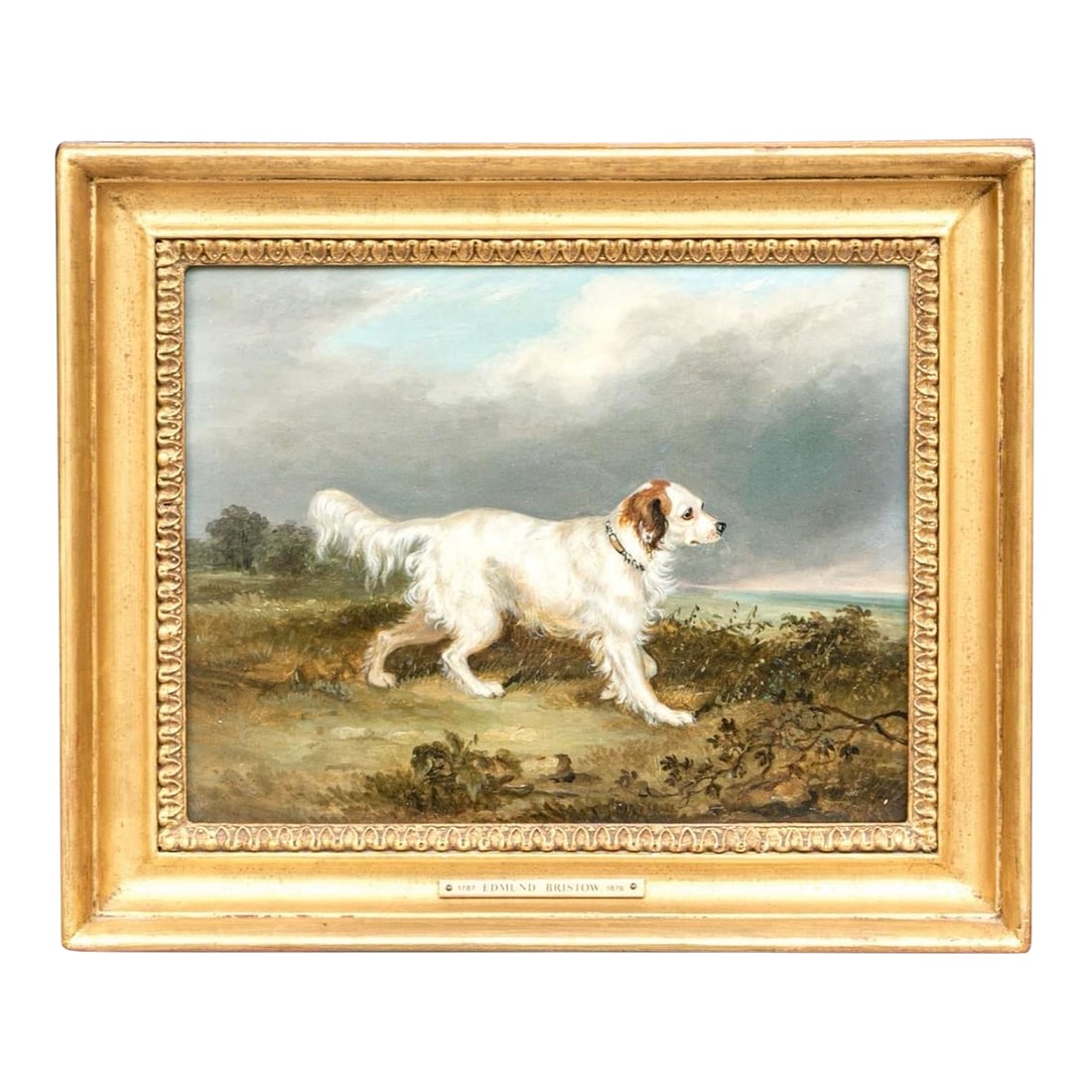 Edmund Bristow (English, 1787-1876) Dog Oil Painting on Board Portrait of a Favorite Spaniel in Land: Edmund Bristow (English, 1787-1876) oil painting on board depicting a white dog with a brown spot on its ear walking in profile through an autumnal field under a dramatic clouded sky. Measures 6 3/4"