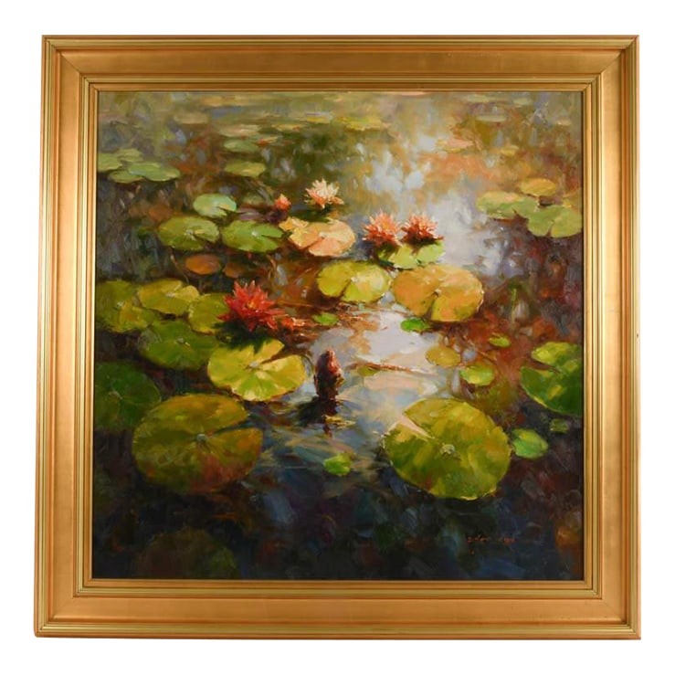 Late 20th Century Framed Signed Zhao Song Floating Lilypads Oil on Canvas: Invite a sense of peaceful balance into your space with Floating Harmony, a framed and signed oil on canvas that captures the quiet poetry of water lilies drifting in dappled sunlight. This richly