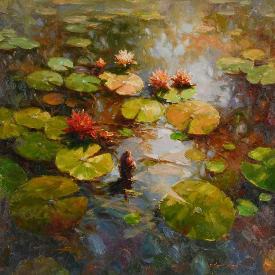 Late 20th Century Framed Signed Zhao Song Floating Lilypads Oil on Canvas - 2