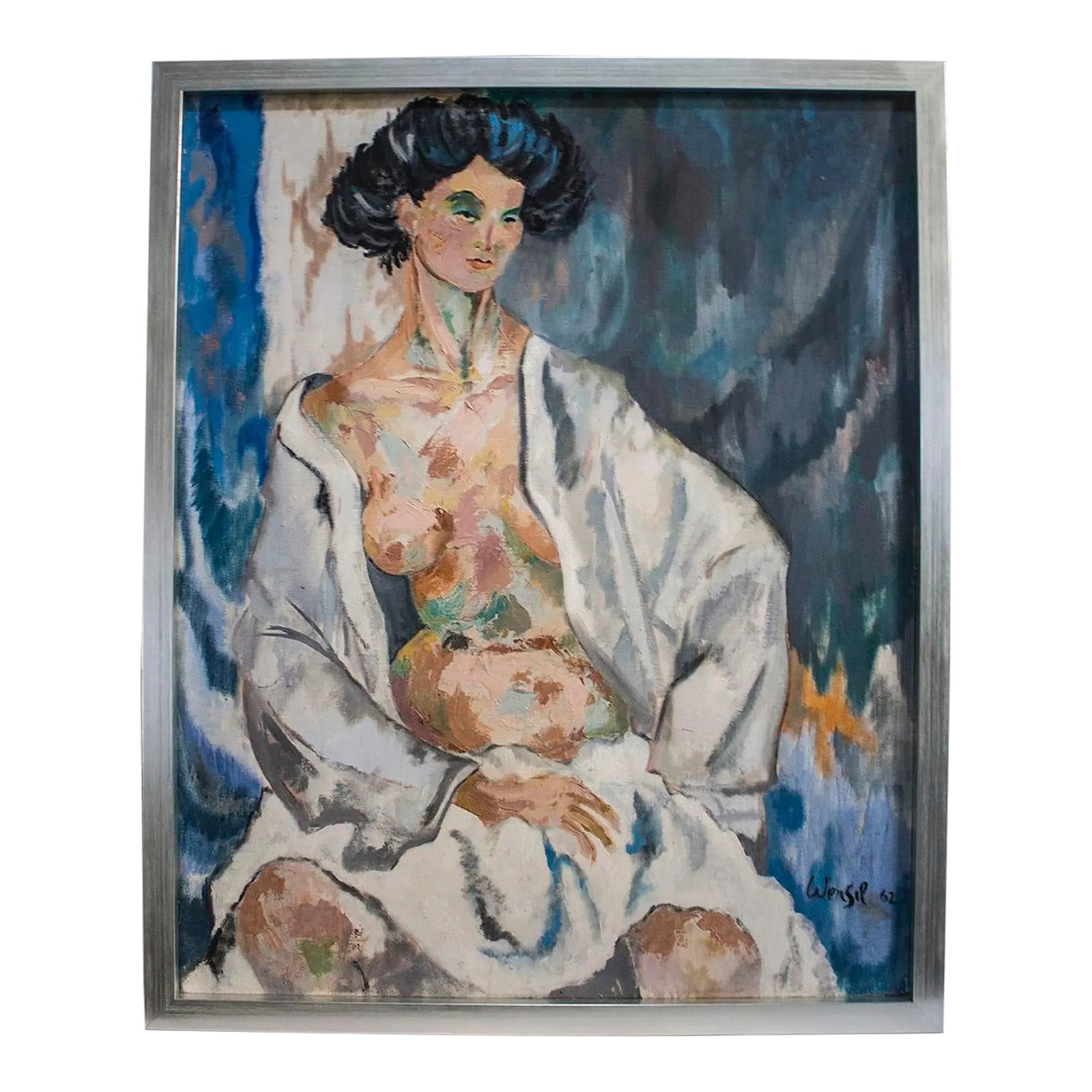 Mid-Century Nude Oil Painting -Signed: Mid-century partial nude oil on board painting, new frame, ready to hang. Condition: Alterations: Original Condition Unaltered Imperfections: Some Imperfections Condition Notes: NO Imperfections, new