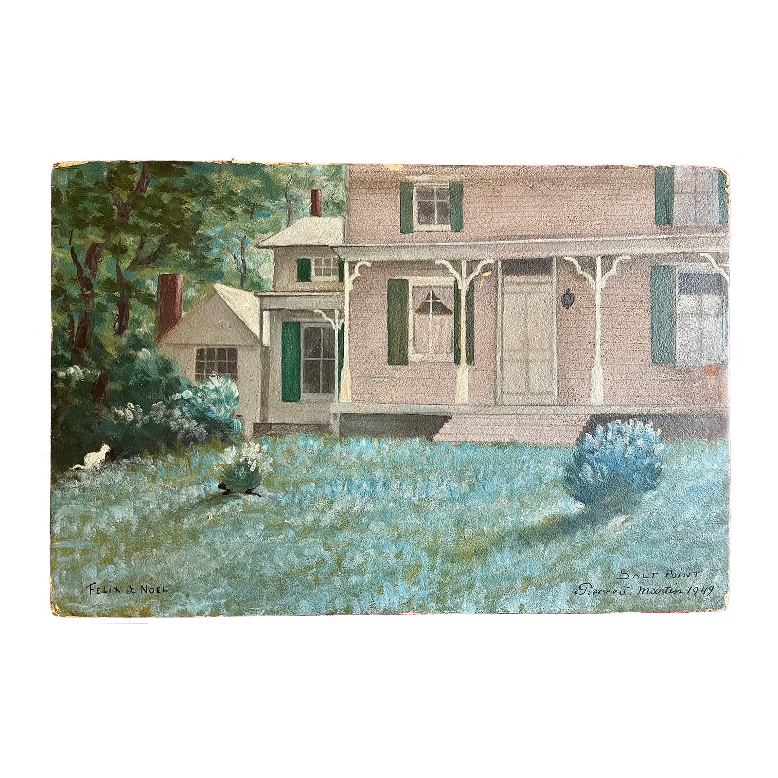 Pierre J. Martin (American - Hudson River Valley) Salt Point, New York Architectural Landscape Oil P: Pierre J. Martin (American - Hudson River Valley) Salt Point, New York architectural landscape oil painting of a farm house with a cat on the lawn, signed and dated 1949. Painted in a monochromatic