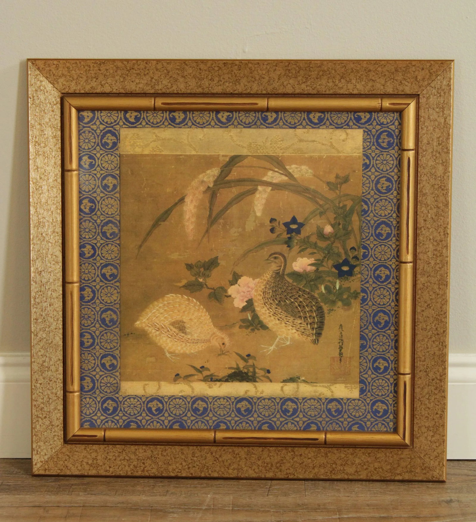 Tosa Mitsuoki "Quail Birds and Flowers" Faux Bamboo Framed Art Print - 2