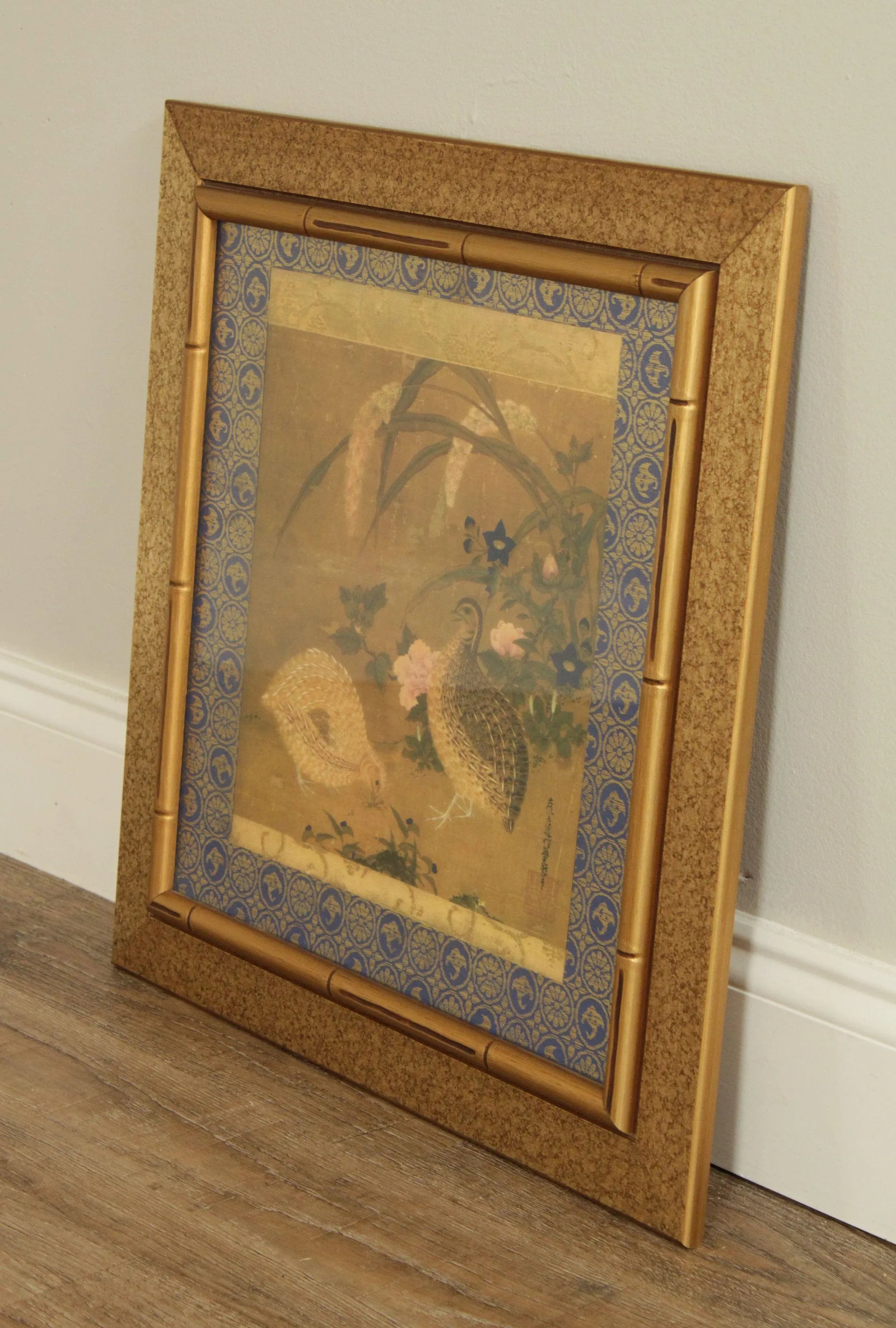 Tosa Mitsuoki "Quail Birds and Flowers" Faux Bamboo Framed Art Print - 3
