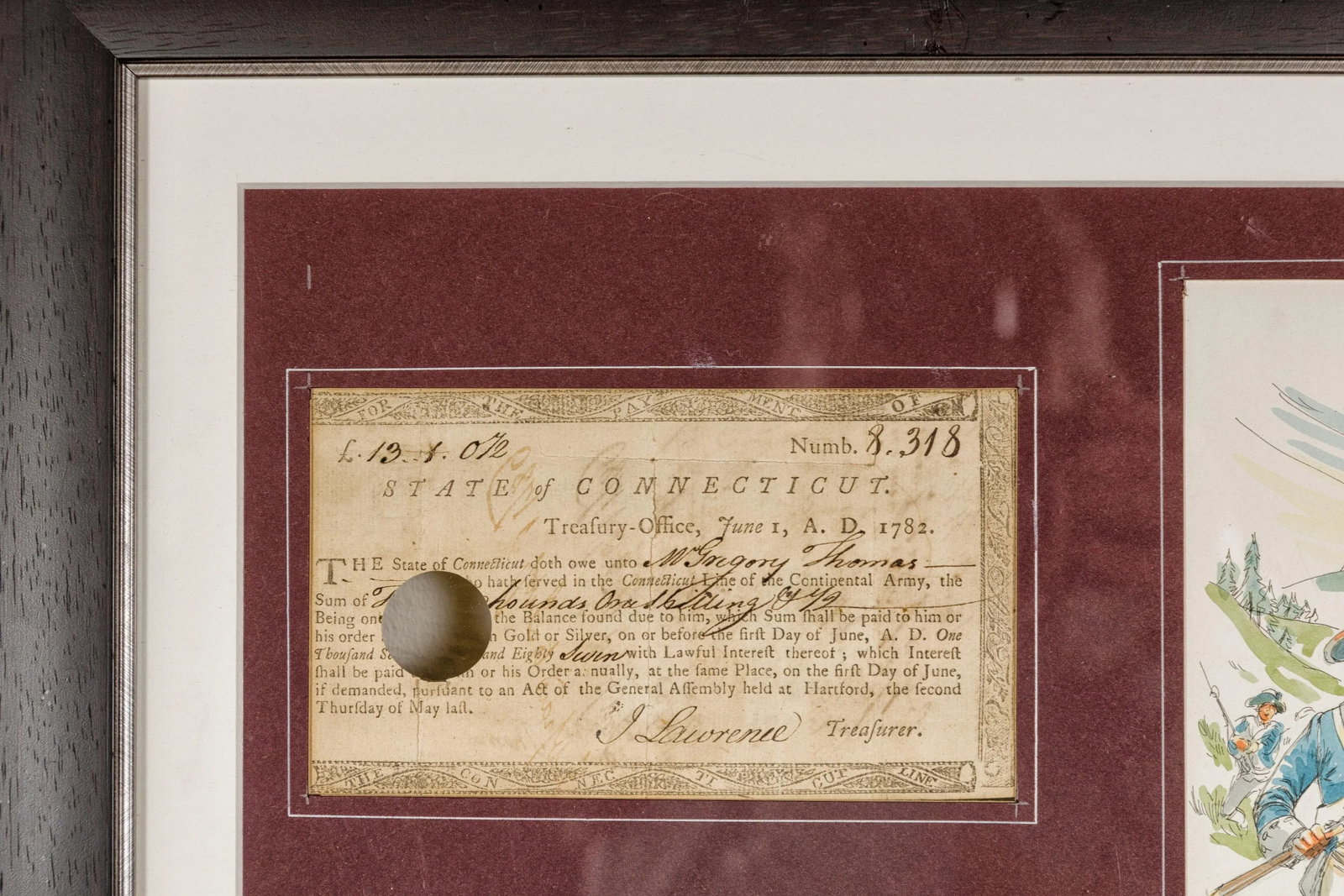1780s American Revolutionary War Bond, State of Connecticut in Black Frame - 11