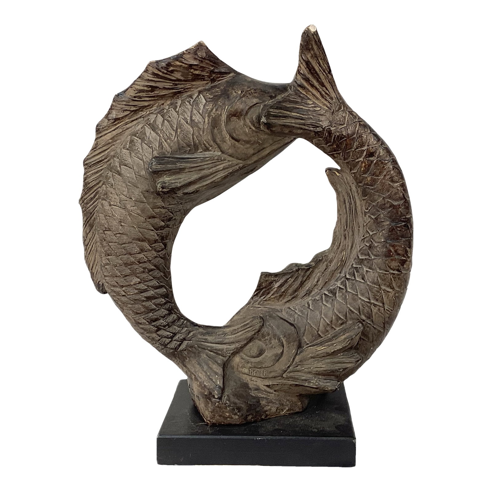 Austin Sculpture by David Fisher Infinity Carp: Infinity Carp Plaster Sculpture by David Fisher, (Austin Sculpture, 1985). Sculpture features intricate carving and a flowing representation of two carp, curving in a way that creates a continuous
