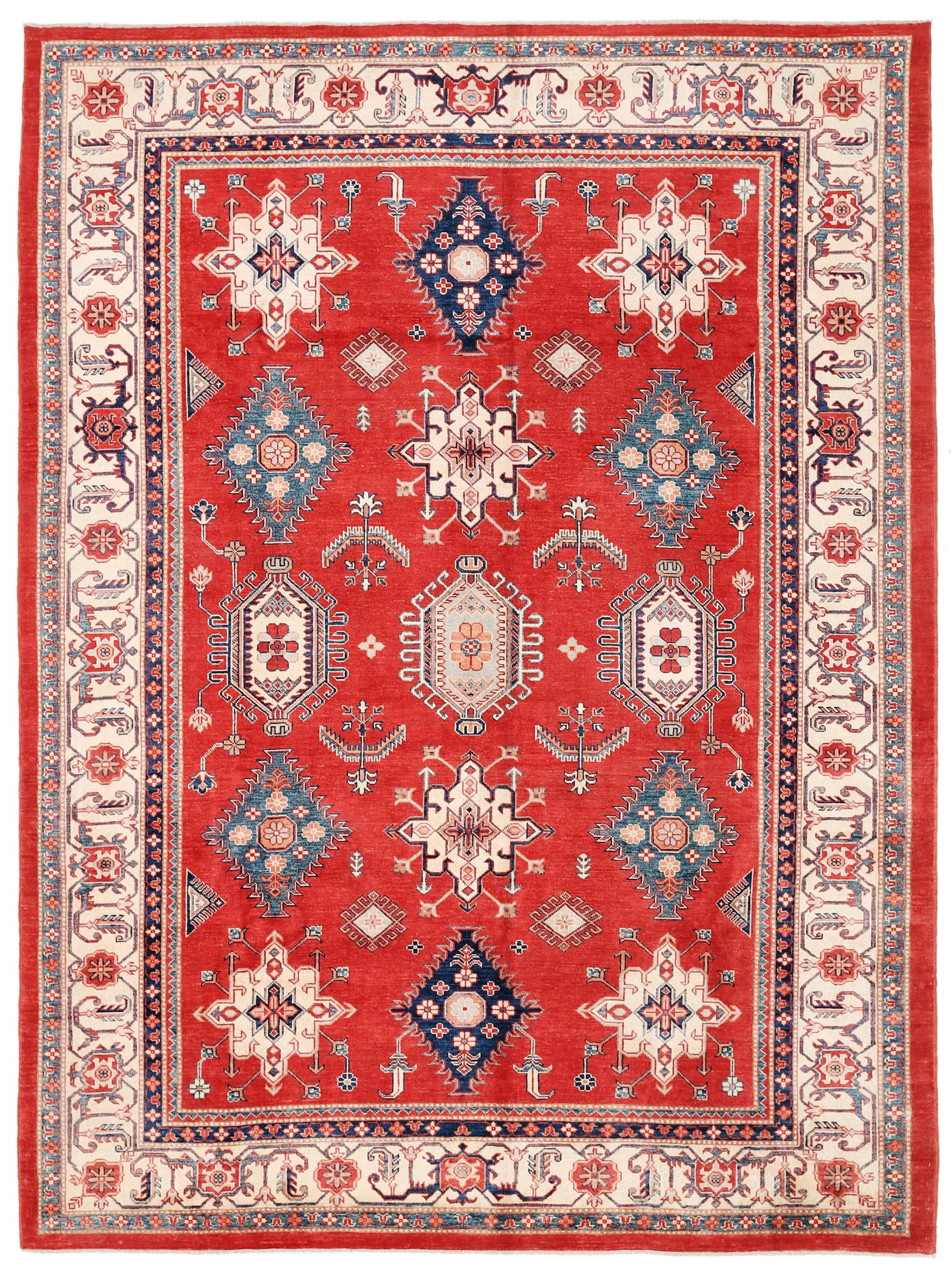 Kazak Wool Rug - 8'11" X 11'11": Kazak rugs are famed for their rich colors, assertive, geometric drawing and bold, and large-scale designs. The lustrous quality of the wool really allows the powerful design of these charming rugs