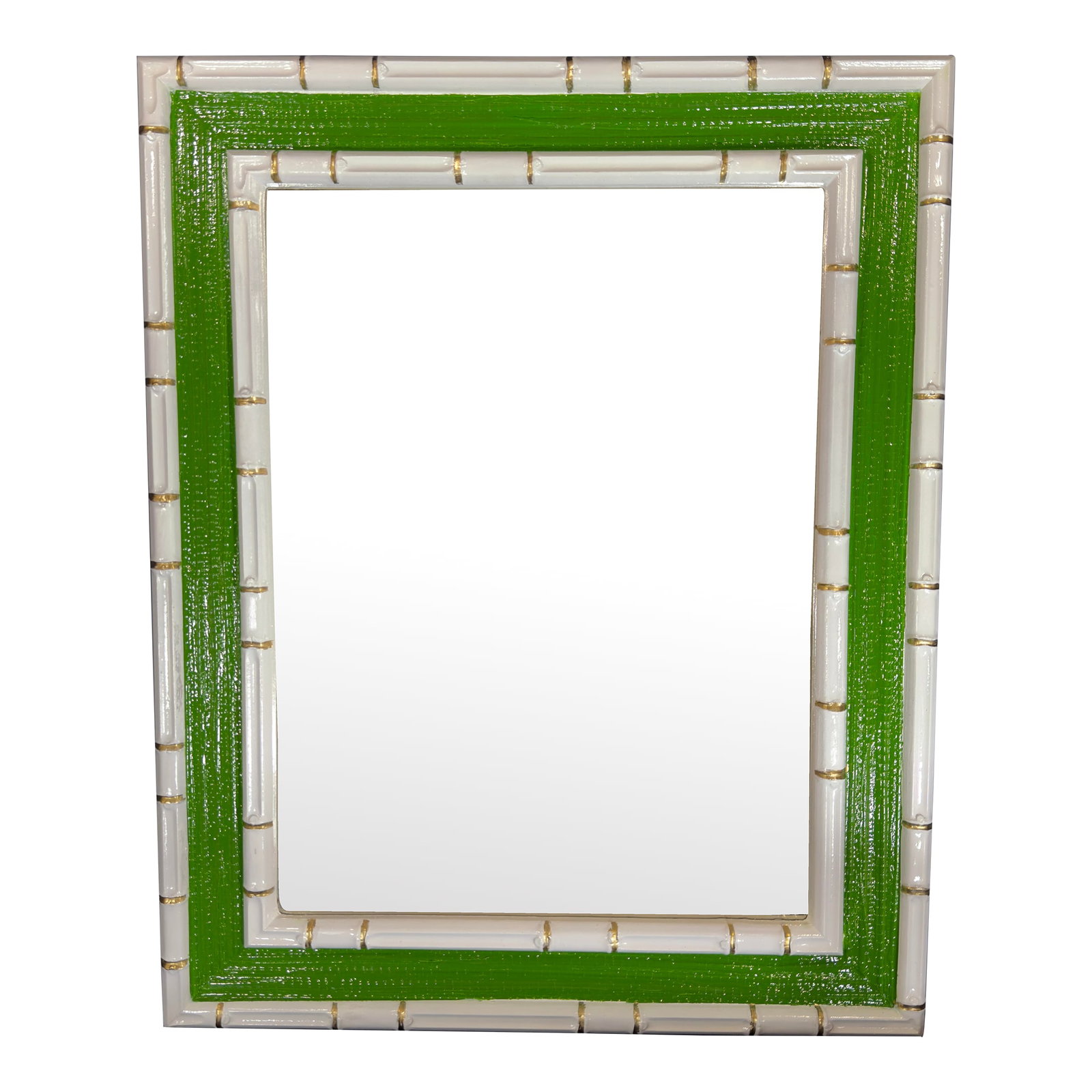 Vintage Palm Beach Regency Faux Bamboo Wall Mirror - Green and White With Gold Accents - Newly Paint: Step into the world of timeless elegance with this stunning vintage mid-century faux bamboo and grasscloth wall mirror. Reimagined in our Turtle and Crane Atelier, this exquisite piece features a vibr