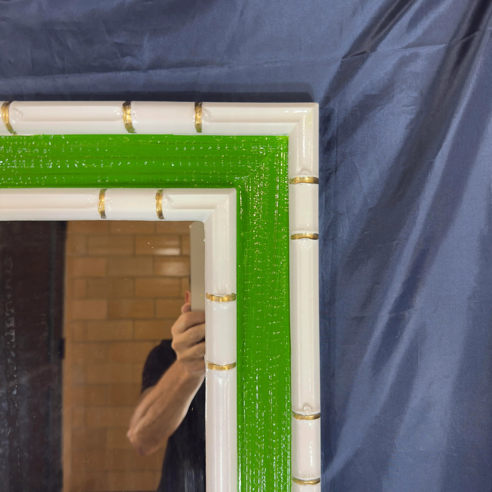 Vintage Palm Beach Regency Faux Bamboo Wall Mirror - Green and White With Gold Accents - Newly Paint - 2