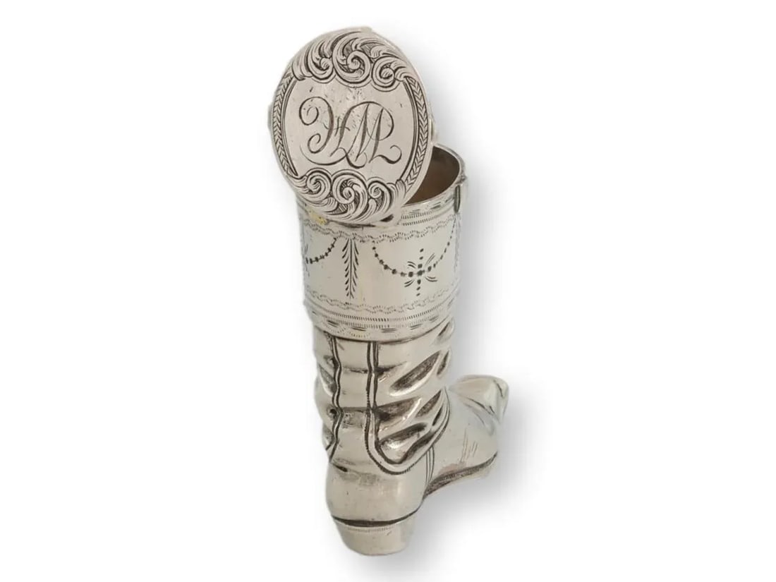 Antique Silver-Plate Boot Match Safe "W H" Monogram - 3
