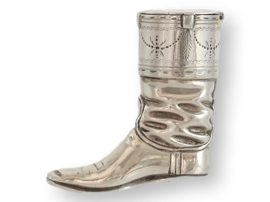 Antique Silver-Plate Boot Match Safe "W H" Monogram - 5