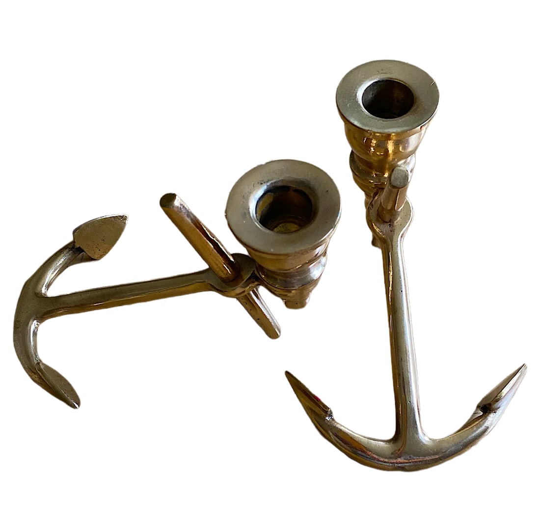 1970s Nautical Brass Anchor Candle Holders - a Pair - 2