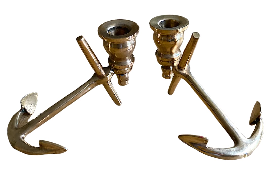 1970s Nautical Brass Anchor Candle Holders - a Pair - 6