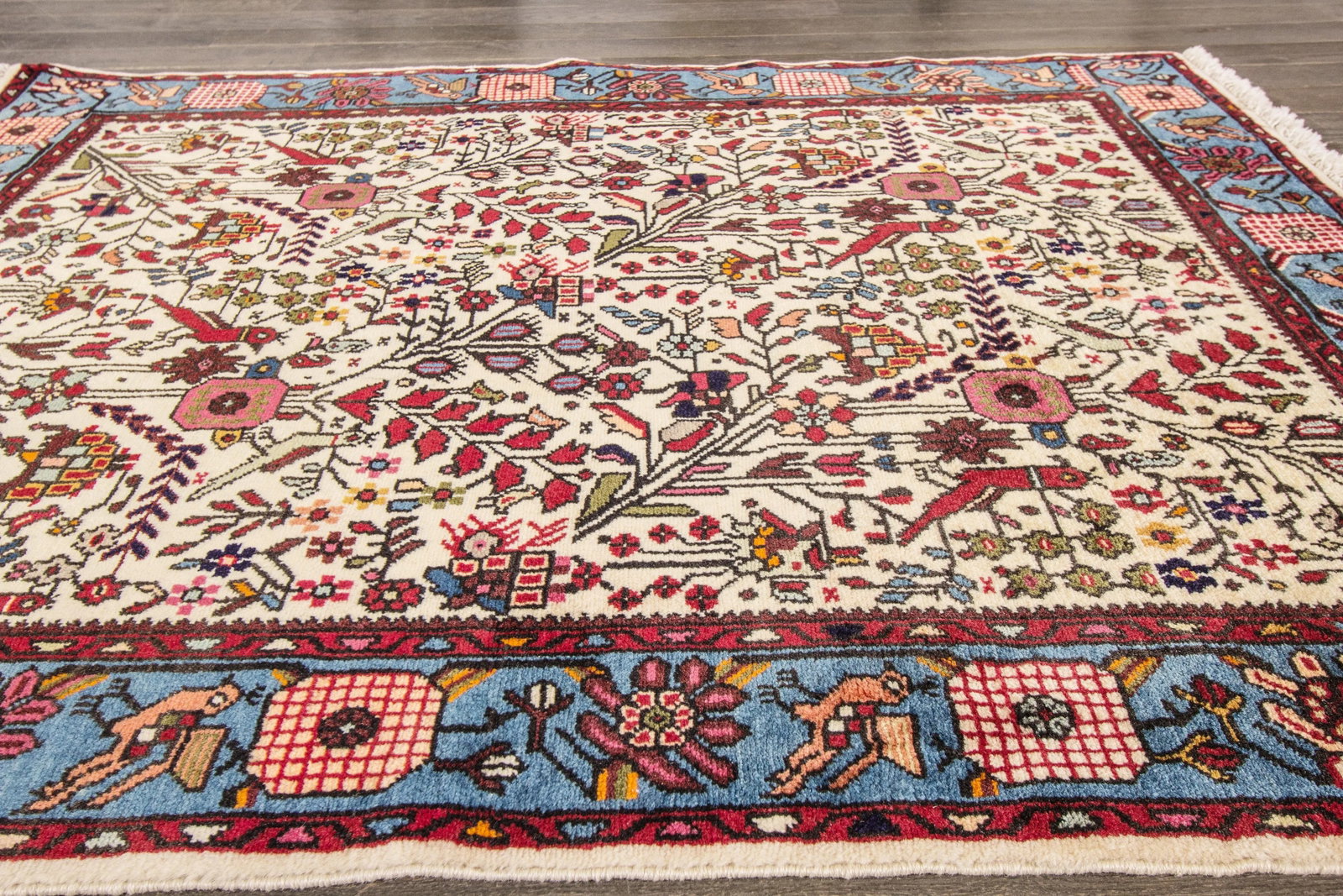 Ivory Vintage Persian Hamadan Wool Rug - 5