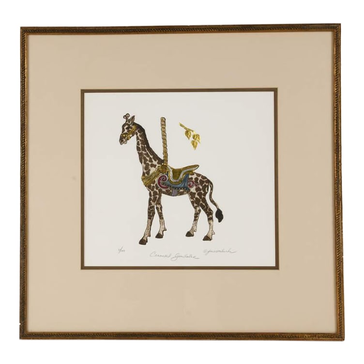 Late 20th Century Famed Etching "Carousel Gamboler" Limited Edition 6/100 by Jane M. Burke, Framed: A Framed Jane M. Burke Etching "Carousel Gamboler" is a limited-edition etching 6/100 that captures the lively and whimsical energy of a carousel giraffe statue. The piece features dynamic movement,