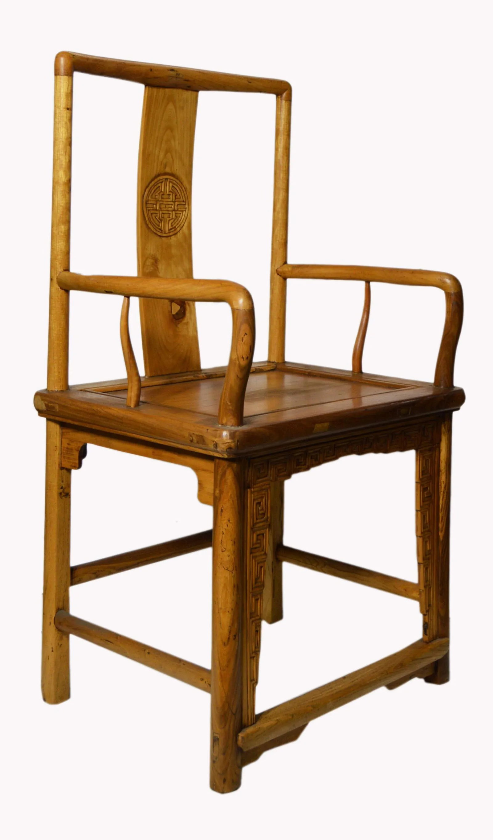 Chinese Yumu Wood Chair With Hand-Carved Medallion and Greek Key - 4